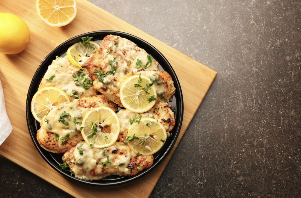 chicken piccata plate with lemons
