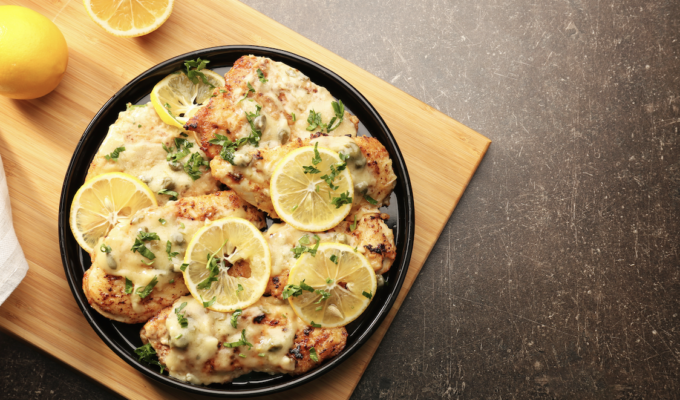 chicken piccata plate with lemons